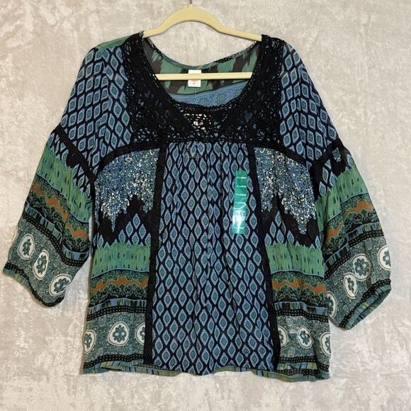 Bila Blue Green Boho Fairy Peasant Sheer 3/4 Sleeve Blouse Top Women's XL NWT - Picture 1 of 14